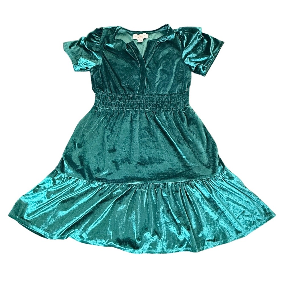 French Connection Velvet Dress Womens S Green Smocked Ruffle Emerald Holiday